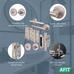 AFIT Satin Nickel Bathroom Door Handle Set - Turn & Release Set, Lock & Hinges (76mm) Olvera Range