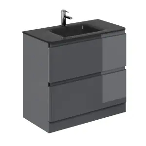 Marvel 900mm Floor Standing Bathroom Vanity Unit in Dark Grey Gloss with Grey Glass Basin