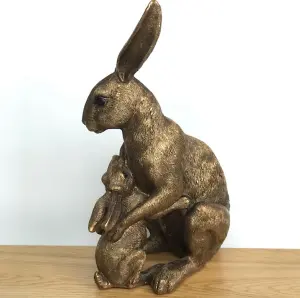 Large (25.5cm /10" high) bronze effect sitting Hare with Baby figurine from the Leonardo Reflections Bronzed range, gift boxed.