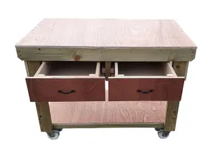 Wooden Eucalyptus hardwood top workbench, tool cabinet with drawers (V.1) (H-90cm, D-70cm, L-150cm) with wheels