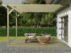 Wall mounted pergola and decking complete diy kit, Corbel design (3.6m x 3.6m, Light green (natural) finish)