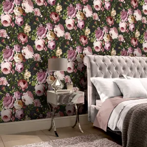 Arthouse Tapestry Floral Charcoal/Pink Wallpaper