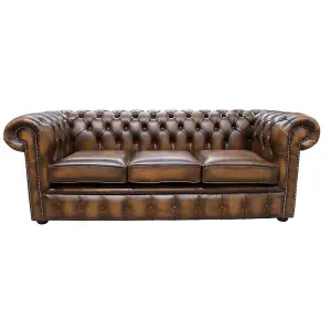 Chesterfield 3 Seater Antiquen Tan Leather Tufted Buttoned Sofa In Classic Style