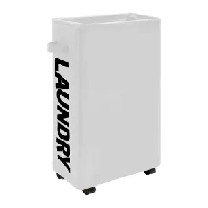 White Polyester Laundry Hamper Collapsible Medium Laundry Basket with Wheels - 38L