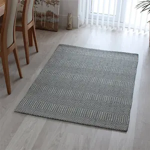 Teal Handmade Modern Wool Easy to Clean Geometric Rug For Dining Room Bedroom And Living Room-100cm X 150cm