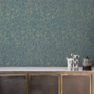 Clarissa Hulse Gypsophila Airforce Blue & Gold effect Smooth Wallpaper