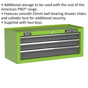 Lockable Green 3 Drawer Tool Chest - 605 x 260 x 250mm for Secure Storage