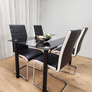 Dining Table Set of 4 Black Clear Table and Faux Leather Padded Chrome Black White Kitchen Chairs Dining Sets