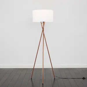 ValueLights Camden Modern Copper Metal Tripod Floor Lamp with White Cylinder Shade - Includes 6w LED Bulb 3000K Warm White