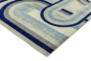 Retro Blue Geometric Modern Jute Backing Machine Made Rug for Living Room Bedroom and Dining Room-200cm X 290cm