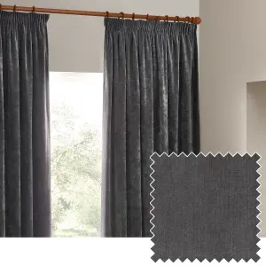 Yard Heavy Chenille Velvet Charcoal Pencil Pleat Curtains, 229 x 137cm