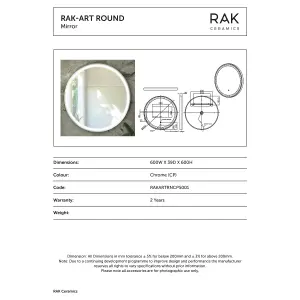 RAK Art Round 600x600mm Chrome Round Touch Sensor Illuminated Mirror IP44