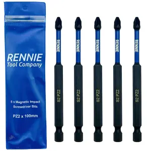 Rennie Tools 5 Pack PZ2 x 100mm Long Magnetic Impact Driver Screwdriver Bits Set Pozidriv (Pozi 2)