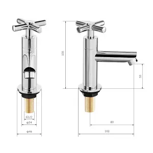 BATHWEST Chrome Basin Cross Sink Taps Pair of Bathroom Sink Mixers Tap Brass Main Body