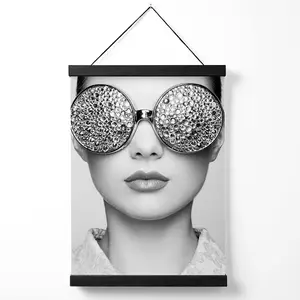 Girl with Silver Bling Sunglasses Fashion Black and White Photo Medium Poster with Black Hanger