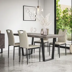 Aria Dining Table And Chairs -  Concrete Effect Table Top w Black Legs + Monza Linen Dining Chair Set Of 6 (Beige)