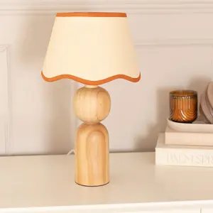 ValueLights Azalea Rustic Wooden Table Lamp with Linen Scallop Rust Trim Edge Shade and LED Bulb