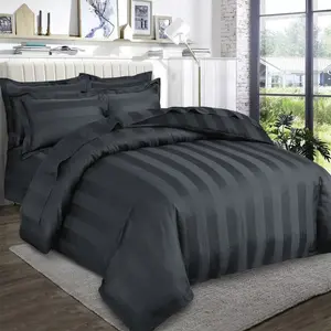 Renze Microfiber 250 TC Reversible Stripe Duvet Cover Set with Pillowcases Charcoal / Double Duvet Cover + 2 Standard  Pillowcases