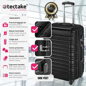 Suitcase Set - 4 hard-shell suitcases with telescopic handle, swivel wheels - black