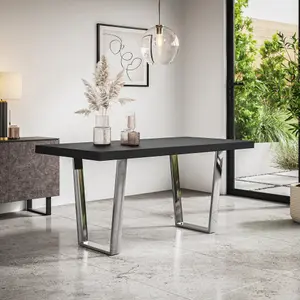 Aria Dining Table And Chairs -  Black Table Top w Chrome Legs + Monza Faux Leather Dining Chair w Chrome Legs Set Of 6 (Grey)