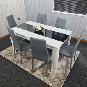 Modern White and Black Wood Dining Table With 6 Grey Faux Leather Metal Chairs