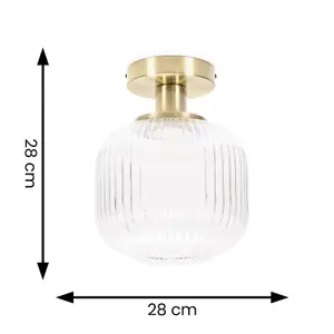 ValueLights Calpe Gold Flush Ceiling Light with Ribbed Clear Glass Shade