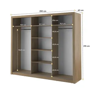 Lux II Modern Mirrored Sliding Door Wardrobe (H2150mm W2500mm D600mm) - Oak Shetland