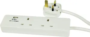 2 Gang Mains Power Extension Lead with 1 x USB Port, 1m Cable, White