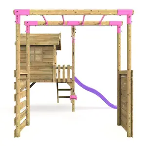 Rebo Orchard 4ft Wooden Children's Playhouse, Swings, Monkey Bars, Deck & 6ft Slide - Single Swing - Solar Purple