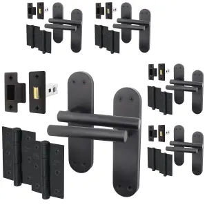 AFIT Matt Black Door Handle Latch Set - 5 Pairs of Internal  T-Bar Handles with Hinges (76mm) & Latches (64mm) - Olvera Range