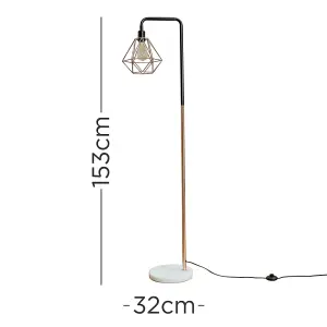 ValueLights Talisman Black Copper Metal and White Marble Base Floor Lamp with Copper Metal Basket Cage Shade