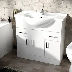 Nes Home Memphis 3-Piece Bathroom Suite White - Close Coupled Toilet, 850mm Basin Vanity Unit and Round Bath Tub