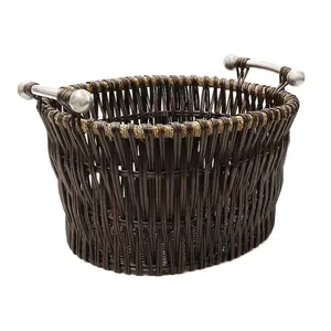 JVL Vertical Weave Oval Log Basket with Metal Handles, Brown, Medium