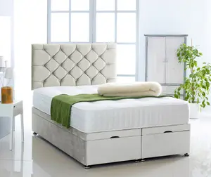 Silver Plush Foot Lift Ottoman Bed With Memory Spring Mattress And Chesterfield Headboard 2FT6 Small Single