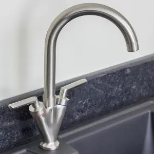 Astini Saturn Brushed Steel Twin Handle Swivel Spout Kitchen Sink Mixer Tap