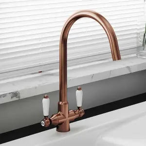 Astini Colonial Antique Copper & White Ceramic Handle Twin Lever Kitchen Mixer Tap