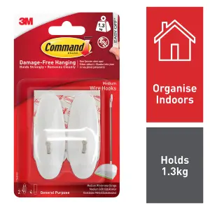 3M Command Medium White Wire hook (Holds)1.3kg, Pack of 2