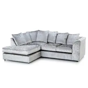 Crystal Crushed Velvet Fabric 3 to 4 Seater L Shaped Corner Sofa Silver Left Hand Facing - Scatter Back