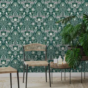 Holden Decor Etosha Green Wallpaper Floral Animal Print Metallic Paste The Wall