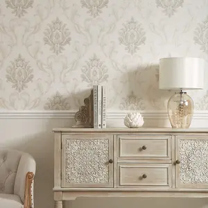 Aurora Damask Wallpaper In Shimmering Ivory With Shades Of Silver