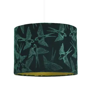 Bird Decorated Dark Forest Green Velvet Fabric Lamp Shade with Inner Lining