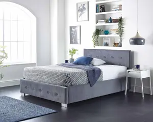 Aspire Side Opening Ottoman Storage Bed in Grey Plush Velvet, Double