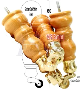 4x GOLDEN OAK STAIN 215mm HIGH WOOD FURNITURE LEGS WITH BRASS CAULDRON CASTOR FEET SETTEE CHAIRS, SOFAS M8 TSP2008