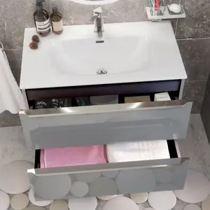 Furneo Bathroom Vanity Unit Floating Storage Basin Gloss Grey 4-Drawer 120cm With Chrome Handle