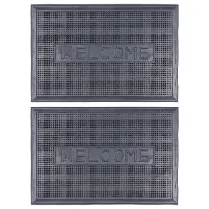 Nicola Spring Heavy Duty Rubber Door Mat - 60cm x 40cm - Black Welcome  - Pack of 2