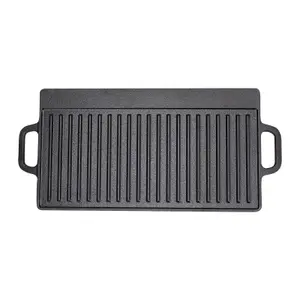 Black Kitchen Rectangular Anti Stick Cast Iron Reversible Griddle Pan W 50cm