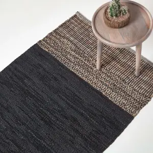 Homescapes Black Recycled Leather Handwoven Herringbone Rug, 120 x 180 cm