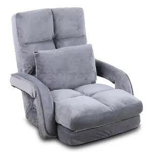 Folding Floor Chair, Adjustable 14 Angles Lazy Sofa Bed Recliner with Armrests and Pillow FULLY ASSEMBLY (Gray)