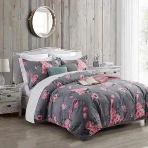 Printed Duvet Cover Set With Matching Pillow case Bedding Bed Sets Grey Bouquet Reversible Quilt Covers Single Double King