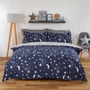 Dreamscene Moon Stars Galaxy Duvet Cover with Pillowcase Bedding Set Navy Grey - Single